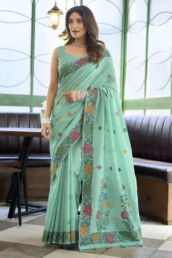 Linen jacquard handloom saree with fancy tassels – elegant textured weave