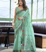 Linen jacquard handloom saree with fancy tassels – elegant textured weave