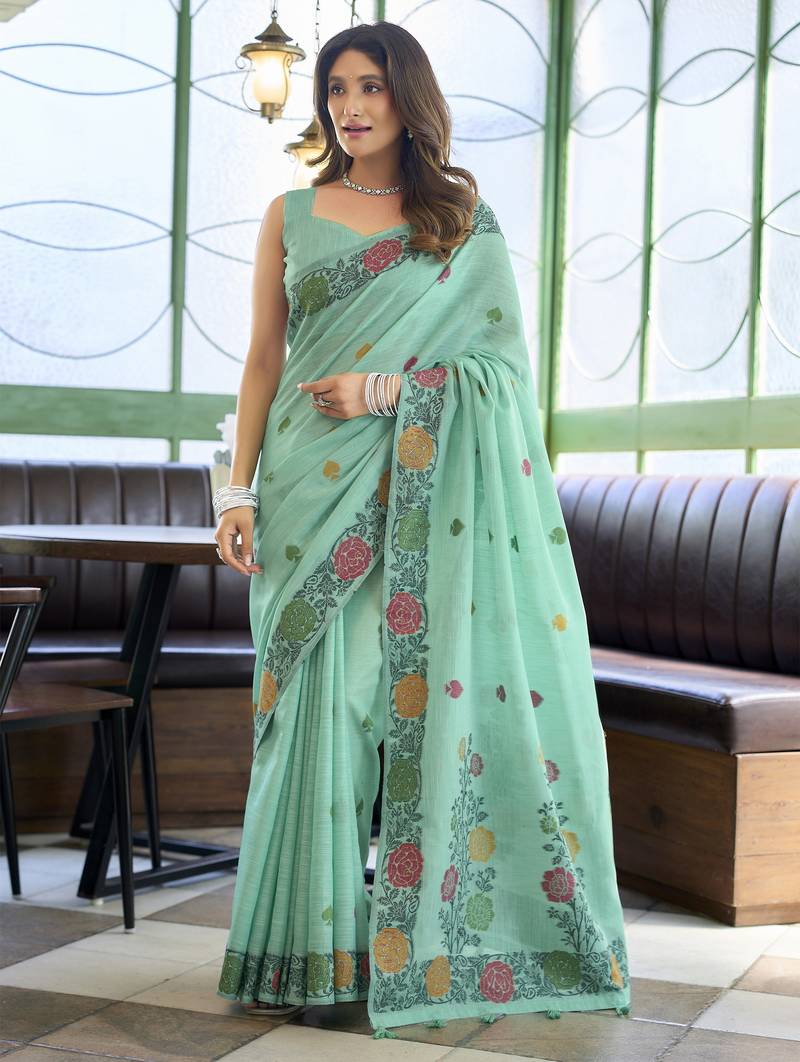 Linen jacquard handloom saree with fancy tassels – elegant textured weave