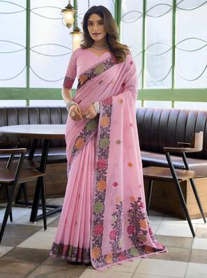linen jacquard saree with fancy tassels 1