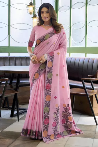 Linen jacquard handloom saree with fancy tassels – elegant textured weave