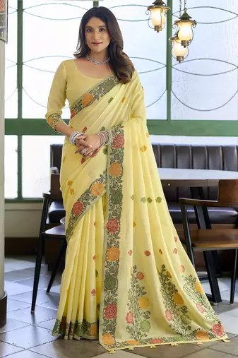 Linen jacquard handloom saree with fancy tassels – elegant textured weave