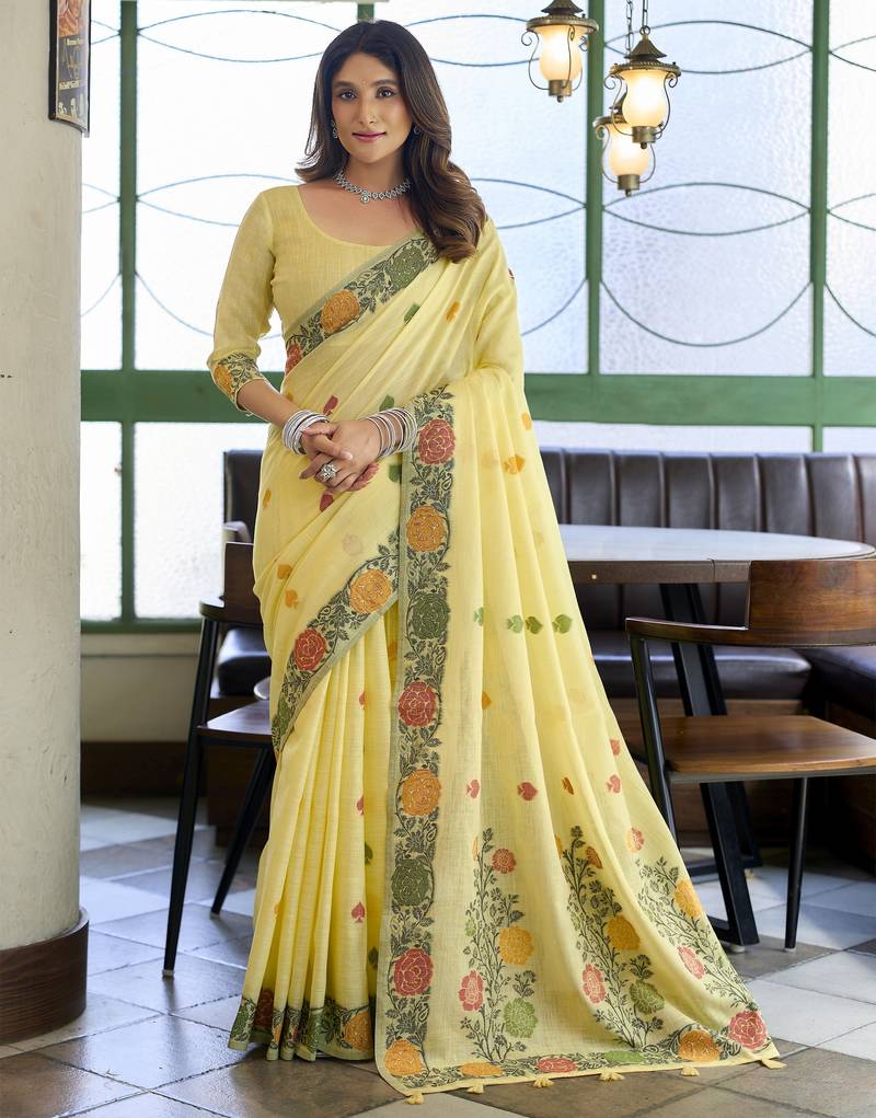 Linen jacquard handloom saree with fancy tassels – elegant textured weave