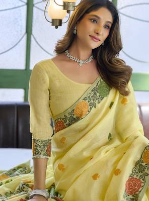 linen jacquard saree with fancy tassels 2