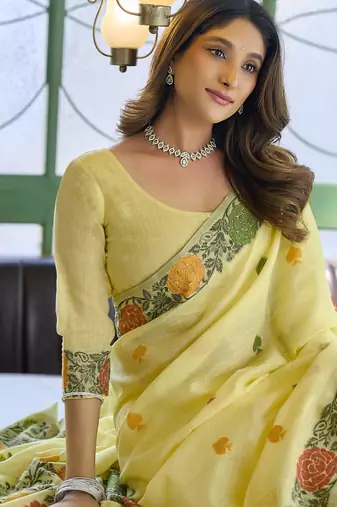 linen jacquard saree with fancy tassels