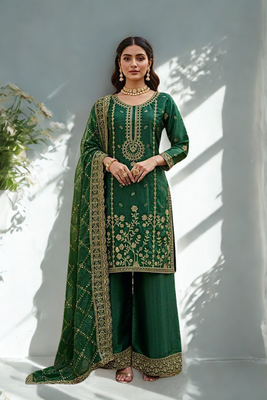 Green Silk  Embroidered and sequence Work Kurta Palazzo and Dupatta 3pc set 1