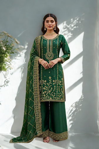 Green Silk  Embroidered and sequence Work Kurta Palazzo and Dupatta 3pc set