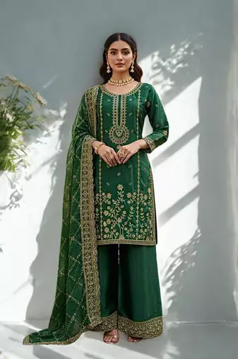 Green Silk  Embroidered and sequence Work Kurta Palazzo and Dupatta 3pc set