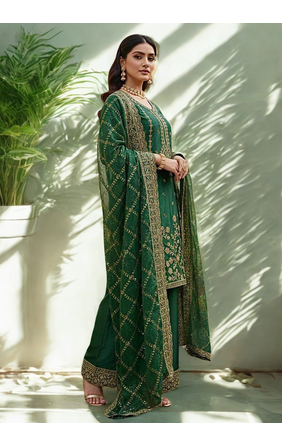 Green Silk  Embroidered and sequence Work Kurta Palazzo and Dupatta 3pc set 2