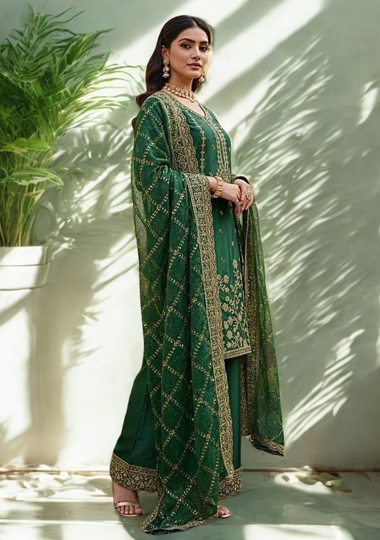 Green Silk  Embroidered and sequence Work Kurta Palazzo and Dupatta 3pc set