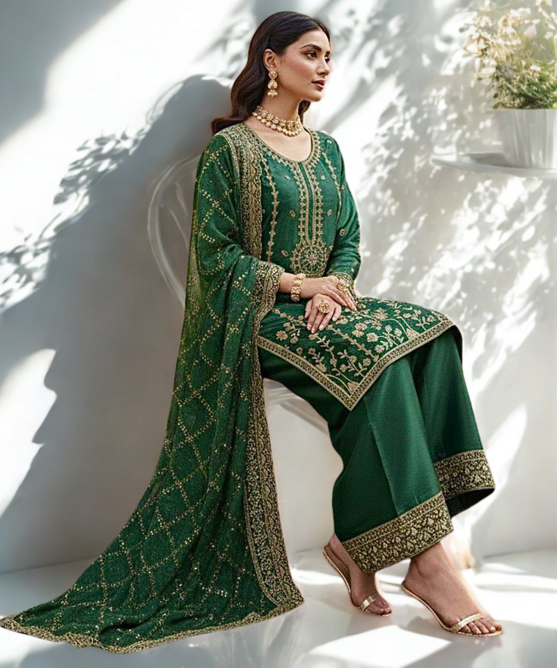 Green Silk  Embroidered and sequence Work Kurta Palazzo and Dupatta 3pc set
