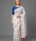 White woven linen saree with blouse piece