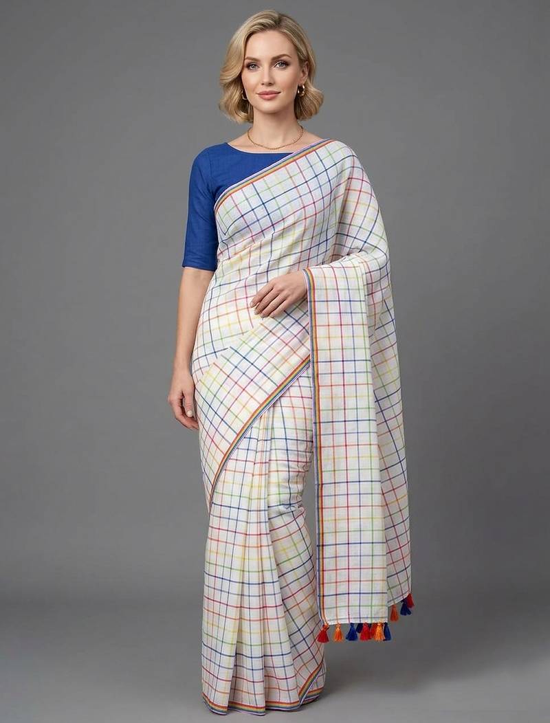 White woven linen saree with blouse piece