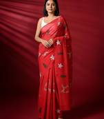 Red woven linen saree with blouse piece