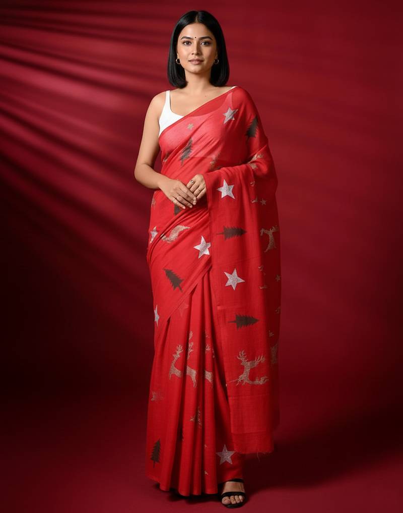 Red woven linen saree with blouse piece
