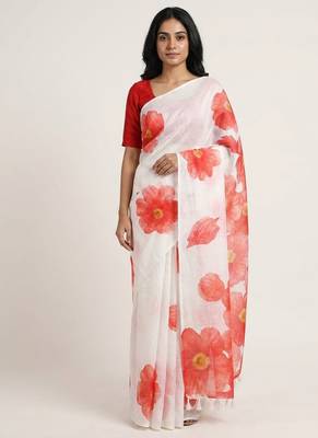 Red woven linen saree with blouse piece 1