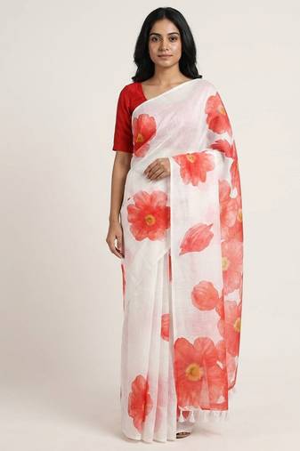 Red woven linen saree with blouse piece