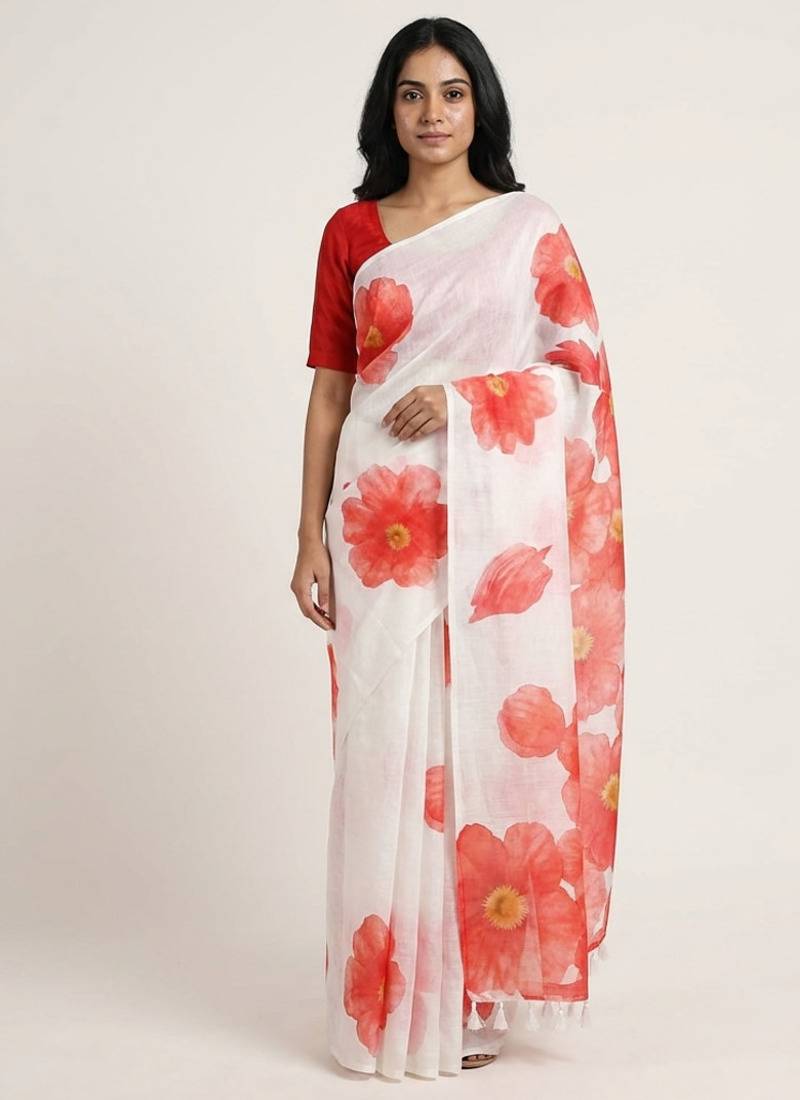 Red woven linen saree with blouse piece