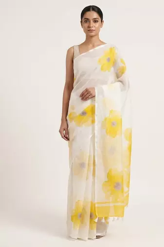 Yellow woven linen saree with blouse piece