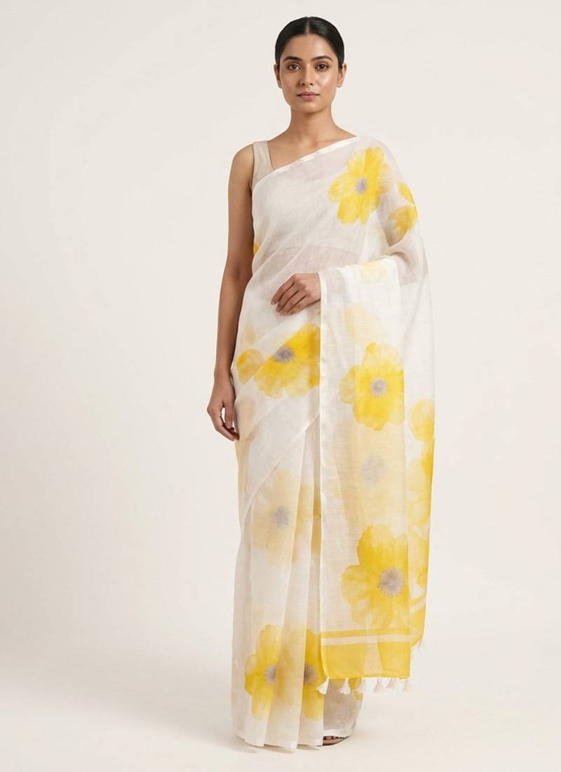 Yellow woven linen saree with blouse piece