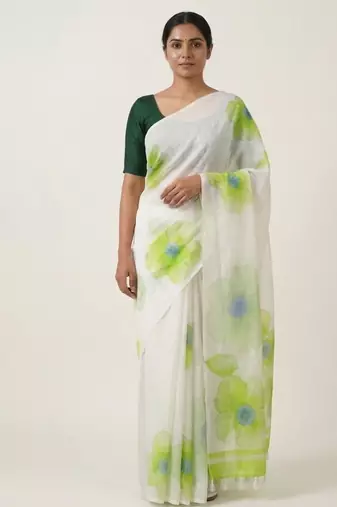 Green woven linen saree with blouse piece