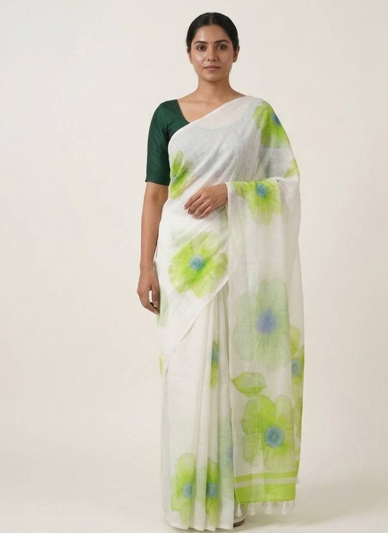 Green woven linen saree with blouse piece