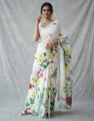 White woven linen saree with blouse piece 1