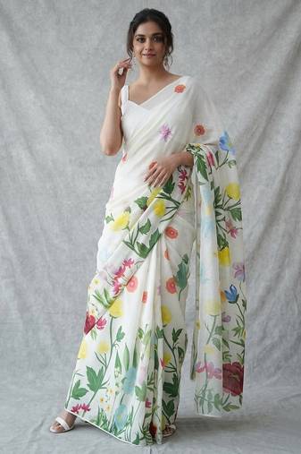 White woven linen saree with blouse piece