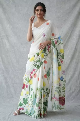 White woven linen saree with blouse piece
