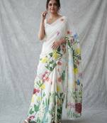 White woven linen saree with blouse piece