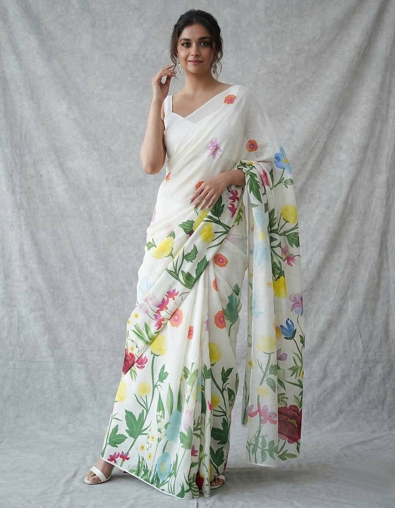 White woven linen saree with blouse piece