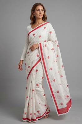 White woven linen saree with blouse piece 1