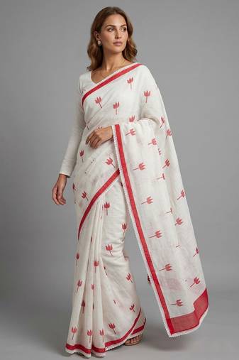 White woven linen saree with blouse piece