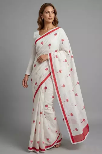 White woven linen saree with blouse piece