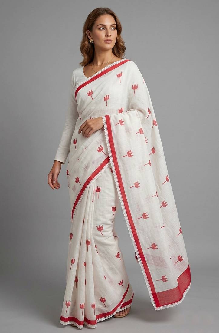 White woven linen saree with blouse piece