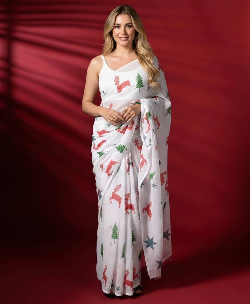 White woven linen saree with blouse piece