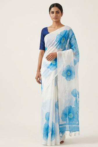 Blue woven linen saree with blouse piece