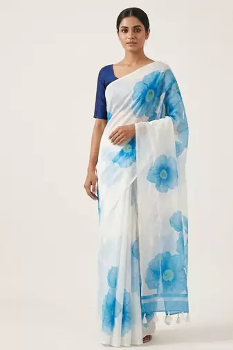 Blue woven linen saree with blouse piece