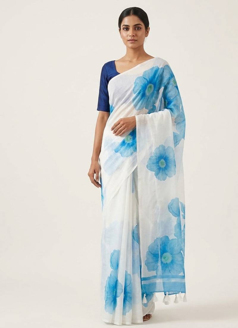 Blue woven linen saree with blouse piece