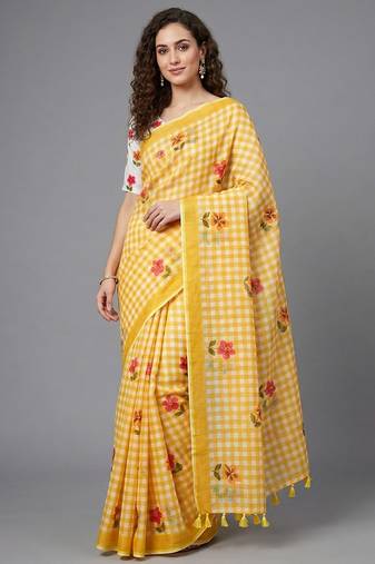Yellow woven linen saree with blouse piece
