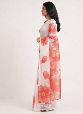 Red woven linen saree with blouse piece 2