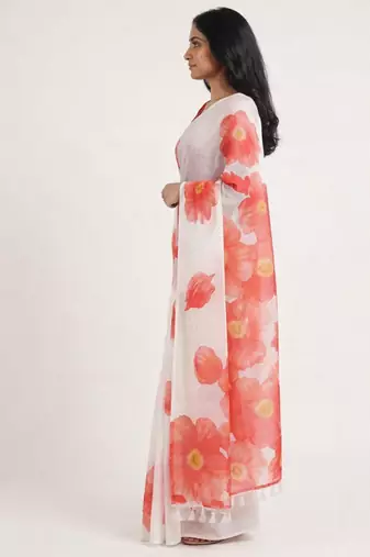 Red woven linen saree with blouse piece