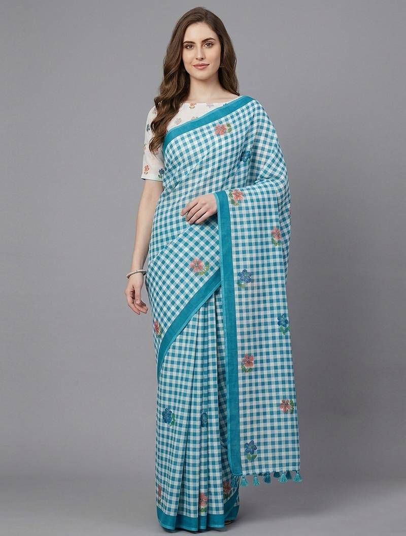 Blue woven linen saree with blouse piece