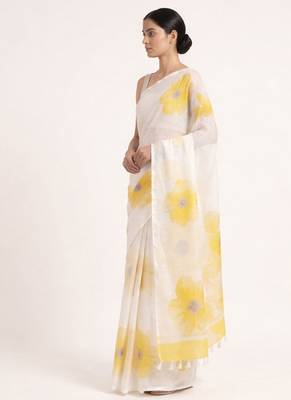 Yellow woven linen saree with blouse piece 2