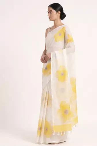 Yellow woven linen saree with blouse piece