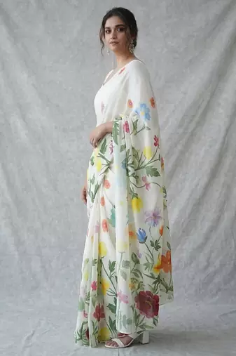 White woven linen saree with blouse piece