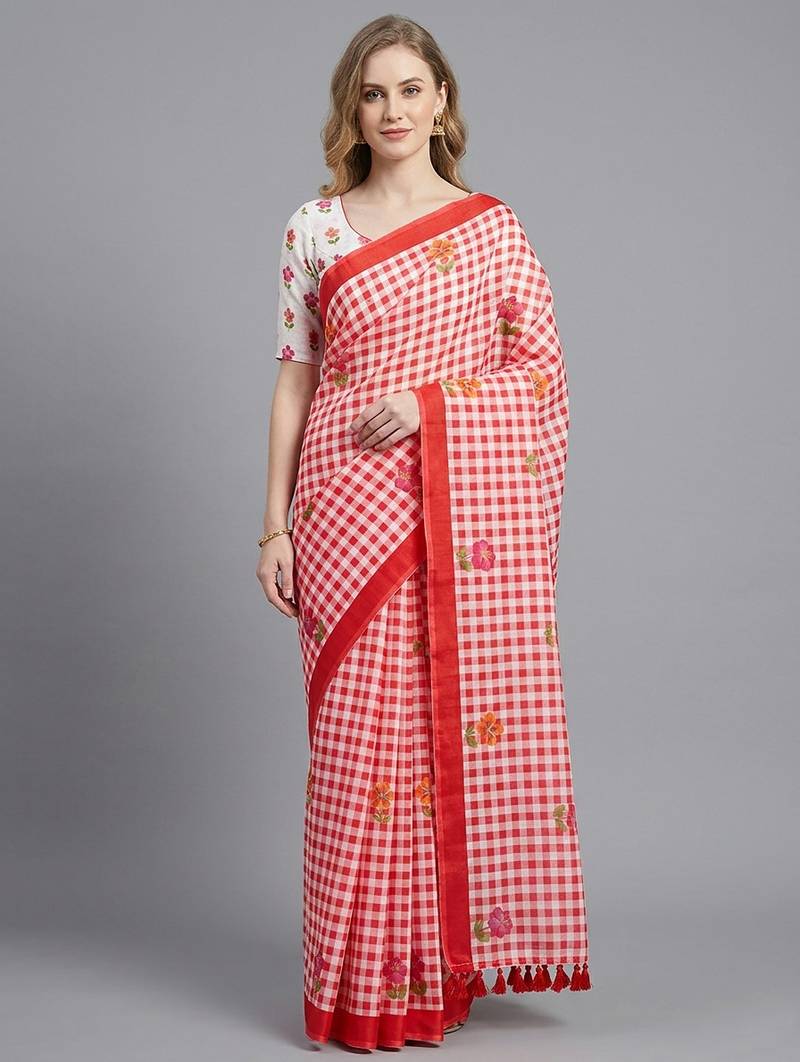 Red woven linen saree with blouse piece