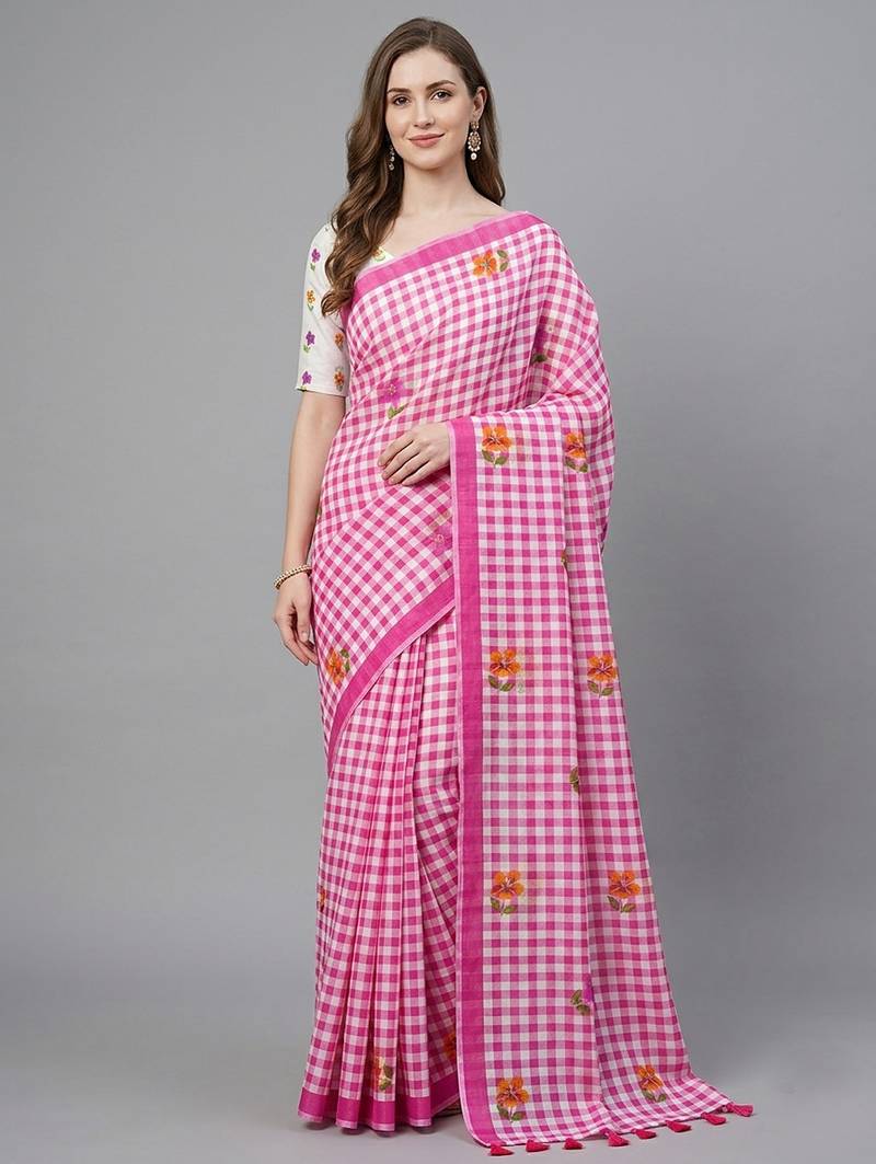 Pink woven linen saree with blouse piece