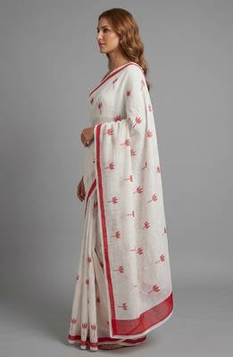 White woven linen saree with blouse piece 2