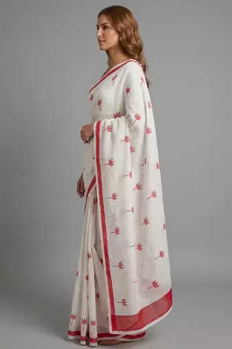 White woven linen saree with blouse piece